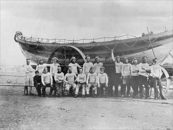 Redcar lifeboat the Emma, c. 1877. Crew are lined up in front of