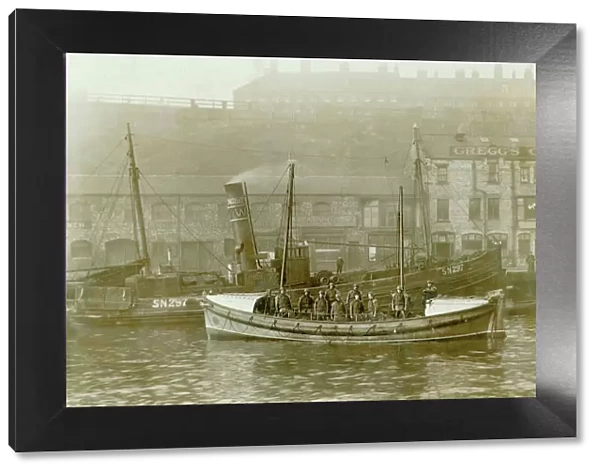 Tynemouth. Self righting motor boat. ON613. Henry Vernon. Ten crew on board. Quay in background. First petrol driven boat. Landscape