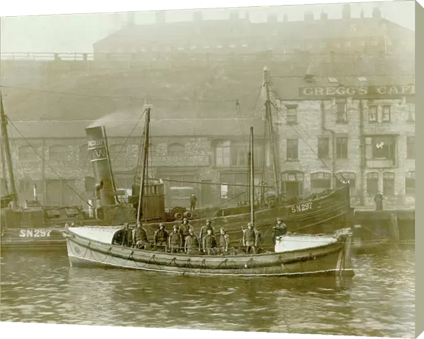 Tynemouth. Self righting motor boat. ON613. Henry Vernon. Ten crew on board. Quay in background. First petrol driven boat. Landscape