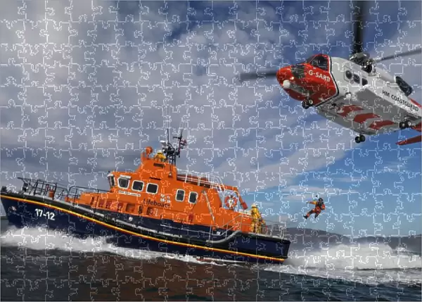 Barra severn class lifeboat Edna Windsor and coastguard helicopter