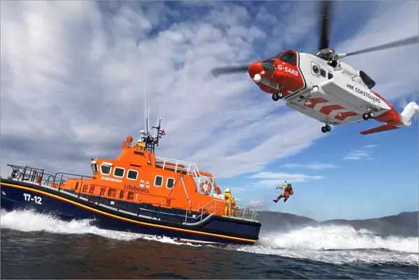 Barra severn class lifeboat Edna Windsor and coastguard helicopter