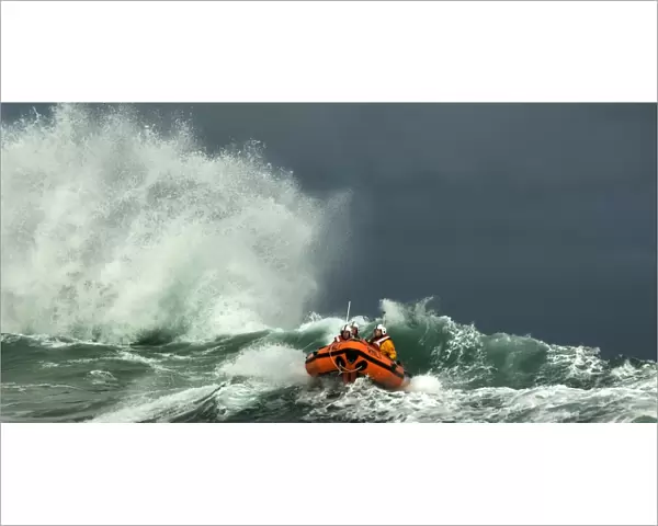 St Ives D-class inshore lifeboat in rough seas