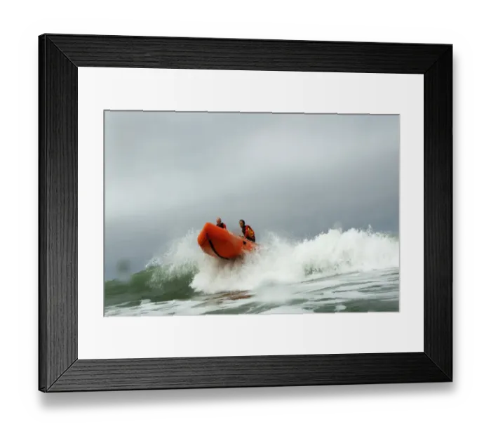 Framed Print : Woolacombe. RNLI lifeguards in an iArancia nshore rescue boat Framed Print : Woolacombe. RNLI lifeguards in an iArancia nshore rescue boat