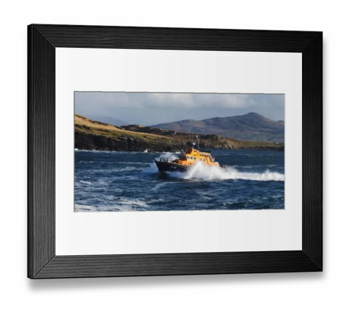 Framed Print : Valentia severn class lifeboat John and Margaret Doig 17-07. Lifeboat is moving from right to left in choppy seas, lots of white spray and waves breaking against cliffs in the background Framed Print : Valentia severn class lifeboat John and Margaret Doig 17-07. Lifeboat is moving from right to left in choppy seas, lots of white spray and waves breaking against cliffs in the background