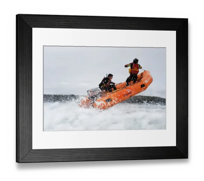 Framed Print : Two lifeguards on an arancia inshore rescue boat at Harlyn Bay, Cornwall Lifeboat is heading out through the surf, bow high out of the water Framed Print : Two lifeguards on an arancia inshore rescue boat at Harlyn Bay, Cornwall Lifeboat is heading out through the surf, bow high out of the water