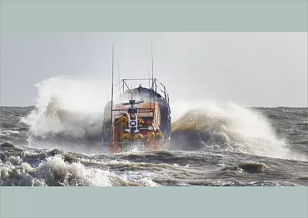Aldeburgh Mersey class lifeboat ON 1193 Freddie Cooper 12-34 launching into NE gale 8. rough sea spray large waves