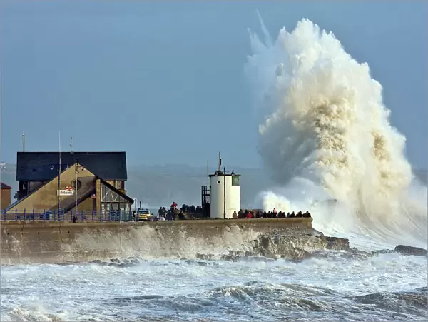 Huge wave breaking at Porthcawls sea wall