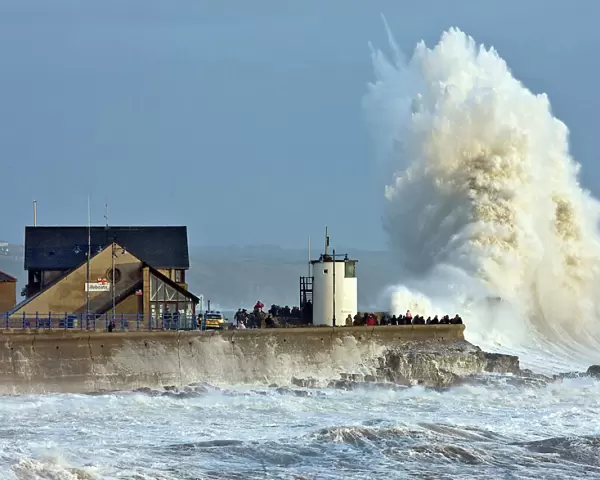 Huge wave breaking at Porthcawls sea wall