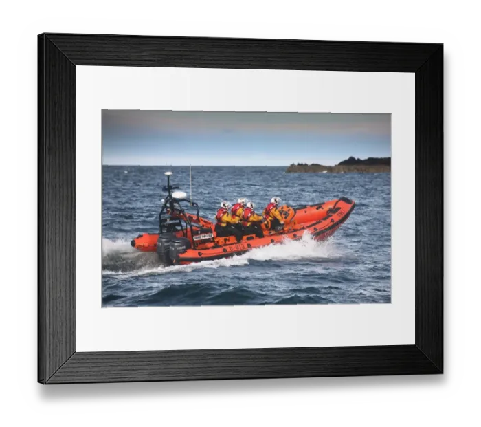 Framed Print : Port Erin Atlantic 85 class inshore lifeboat Muriel and Leslie B-813. Lifeboat heading from left to right, four crew on board Framed Print : Port Erin Atlantic 85 class inshore lifeboat Muriel and Leslie B-813. Lifeboat heading from left to right, four crew on board