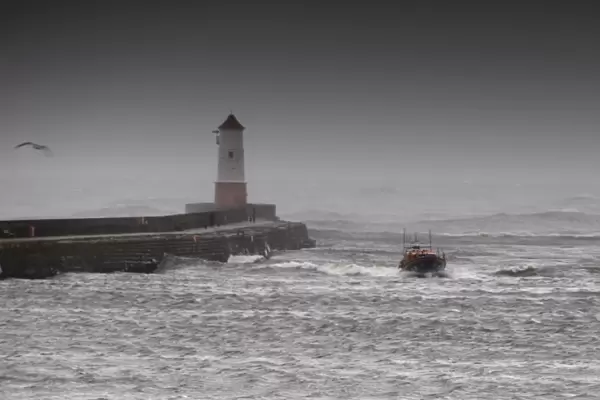 Berwick upon Tweed Mersey class lifeboat Joy and Charles Beeby 12-32 heading toward the camera in rough seas. Harbour wall and lighthouse to the left of the photo