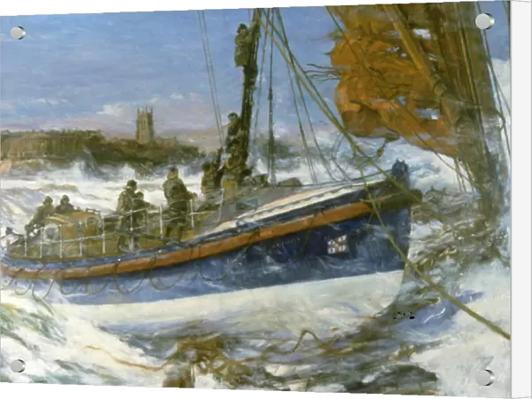 Oil painting. Cromer lifeboat going to the aid of the Sepoy in 1933. Town in the background. Lifeboat foreground centre. Sails of the Sepoy to its right. Artist Charles Dixon RA