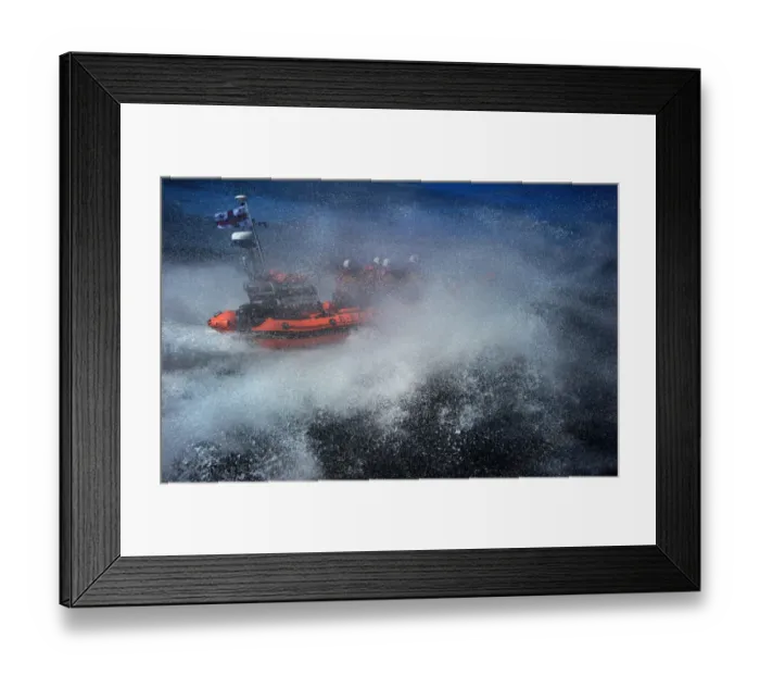 Framed Print : Red Bay Altantic 85 inshore lifeboat Geoffrey Charles B-843. Lifeboat moving from left to right at speed, four crew on board, lots of white spray Framed Print : Red Bay Altantic 85 inshore lifeboat Geoffrey Charles B-843. Lifeboat moving from left to right at speed, four crew on board, lots of white spray
