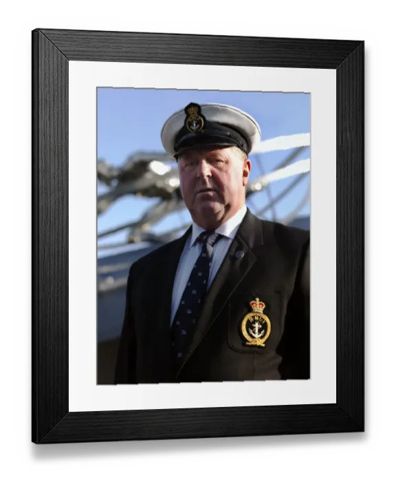 Framed Print : Memorial ceremony of dedication in Poole. St Ives coxswain Tommy Cocking stood in front of the memorial sculpture Framed Print : Memorial ceremony of dedication in Poole. St Ives coxswain Tommy Cocking stood in front of the memorial sculpture