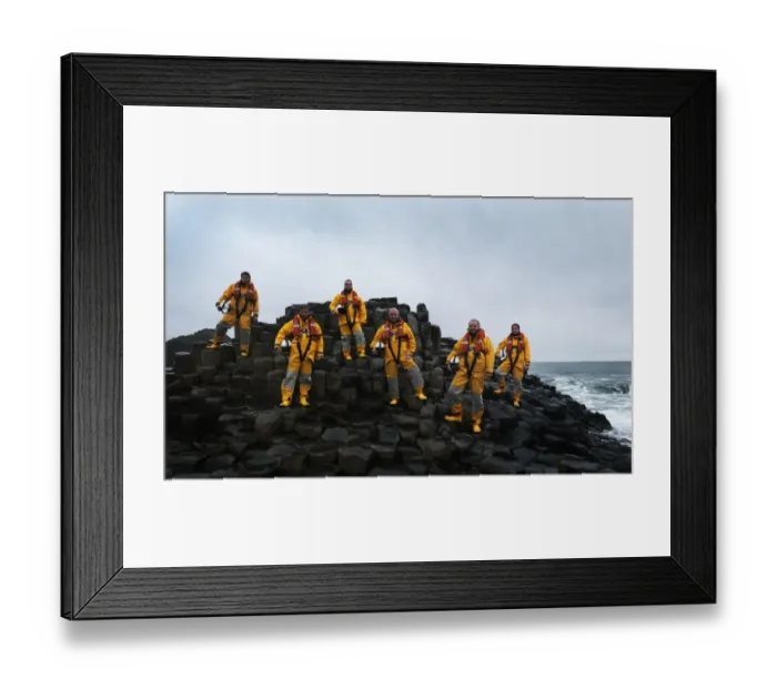 Framed Print : Portrush volunteer crew. L-R: Karl O Neil, mechanic Anthony Chambers, David Conley, coxswain Willie McAuley, Gerrard Bradley, Adrian Tohill. Shot at the Giants Causeway Framed Print : Portrush volunteer crew. L-R: Karl O Neil, mechanic Anthony Chambers, David Conley, coxswain Willie McAuley, Gerrard Bradley, Adrian Tohill. Shot at the Giants Causeway