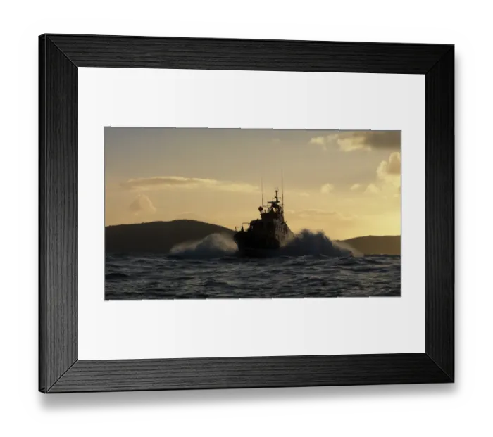 Framed Print : Achill Island trent class lifeboat Sam and Ada Moody 14-28. Lifeboat is heading towards the camera, silhouetted against a dramatic sky Framed Print : Achill Island trent class lifeboat Sam and Ada Moody 14-28. Lifeboat is heading towards the camera, silhouetted against a dramatic sky