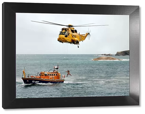 Ilfracombe Mersey class lifeboat Spirit of Derbyshire 12-007 during a helicopter demonstration at Ilfracombe Rescue Day