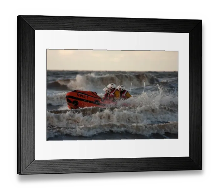 Framed Print : Blackpool D-class inshore lifeboat D-729 in surf, three crew on board Framed Print : Blackpool D-class inshore lifeboat D-729 in surf, three crew on board
