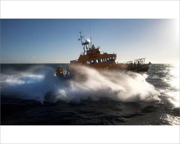 Arklow Trent class lifeboat Ger Tigchelaar 14-19. Lifeboat moving from left to right at speed, lots of white spray
