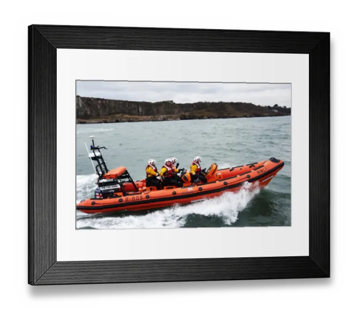 Framed Print : Teignmouth Atlantic 85 inshore lifeboat the Two Annes B-809 moving from left to right, four crew onboard Framed Print : Teignmouth Atlantic 85 inshore lifeboat the Two Annes B-809 moving from left to right, four crew onboard