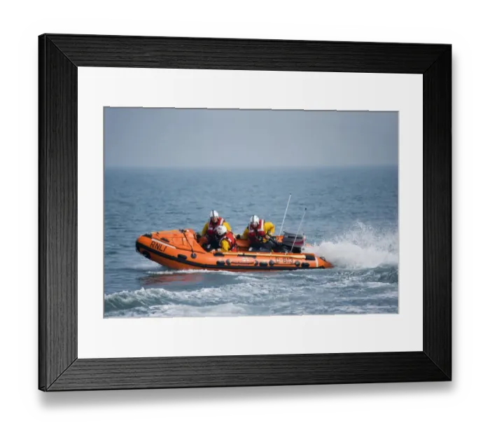 Framed Print : Swanage D-class inshore lifeboat Jack Cleare D-613 heading from right to left three crew on board Framed Print : Swanage D-class inshore lifeboat Jack Cleare D-613 heading from right to left three crew on board