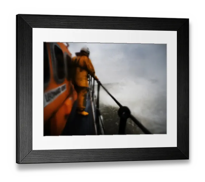 Framed Print : Margate Mersey class lifeboat Leonard Kent 12-20. Crew member stood on starboard side of lifeboat, lots pf spray Framed Print : Margate Mersey class lifeboat Leonard Kent 12-20. Crew member stood on starboard side of lifeboat, lots pf spray