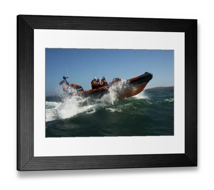 Framed Print : Baltimore Atlantic 75 inshore lifeboat Bessie B-708 moving from left to right, bow high out of the water, lots of white spray Framed Print : Baltimore Atlantic 75 inshore lifeboat Bessie B-708 moving from left to right, bow high out of the water, lots of white spray