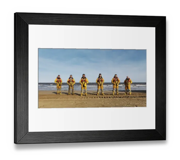 Framed Print : Bridlington ALB crew lined up on the beach in full kit Framed Print : Bridlington ALB crew lined up on the beach in full kit
