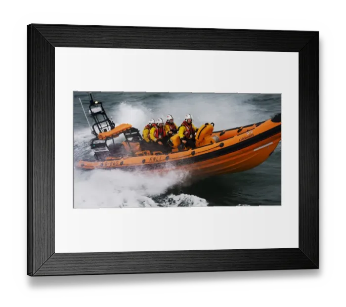 Framed Print : Atlantic 85 inshore lifeboat Harold Baines B-840 during a training exercise in Poole bay. Crew wearing new lifejackets Framed Print : Atlantic 85 inshore lifeboat Harold Baines B-840 during a training exercise in Poole bay. Crew wearing new lifejackets