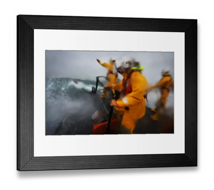 Framed Print : Crew on board relief Tamar class lifeboat Victor Freeman 16-13 wearing new lifejackets. Three crew on the bow of the lifeboat undertaking a search exercise Framed Print : Crew on board relief Tamar class lifeboat Victor Freeman 16-13 wearing new lifejackets. Three crew on the bow of the lifeboat undertaking a search exercise