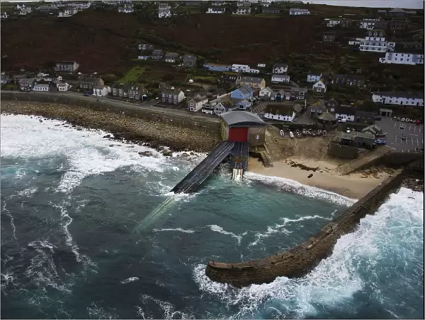 Aerial view of Sennen Cove lifeboat station taken from RNAS Culdrose helicopter