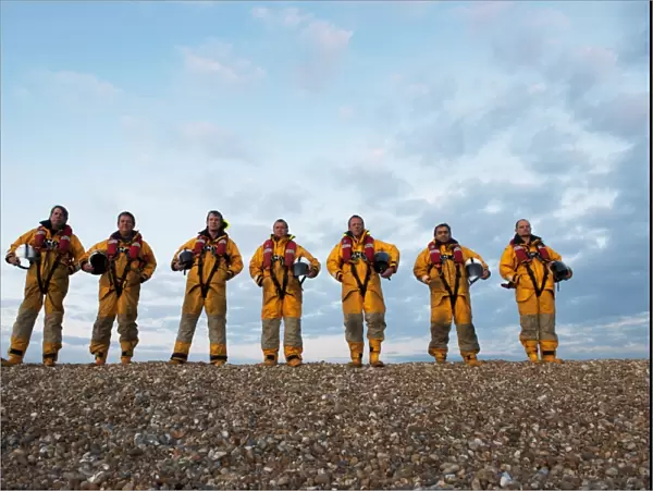 Group shot Dungeness lifeboat crew. Shot during the filming of the Gallantry award reconstruction for Garry Clark, for his part in the rescue of the yacht Liquid Vortex. L-R: Roger Gillett, Simon Collins, Garry Clark, Mark Richardson, Trevor Bunney