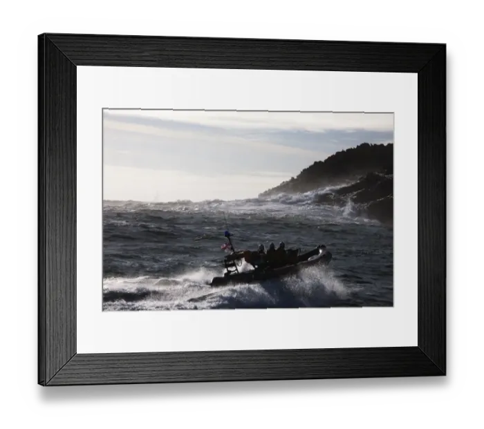 Framed Print : Baltimore Atlantic 75 inshore lifeboat Bessie B-708, waves breaking agasint rocks in the background Framed Print : Baltimore Atlantic 75 inshore lifeboat Bessie B-708, waves breaking agasint rocks in the background