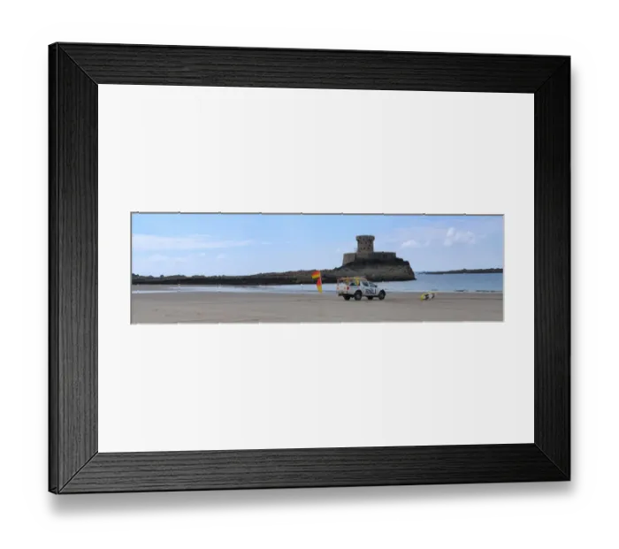 Framed Print : Lifeguards monitoring the sea at a beach in Jersey from within a lifeguard patrol vehicle. Panoramic shot Framed Print : Lifeguards monitoring the sea at a beach in Jersey from within a lifeguard patrol vehicle. Panoramic shot