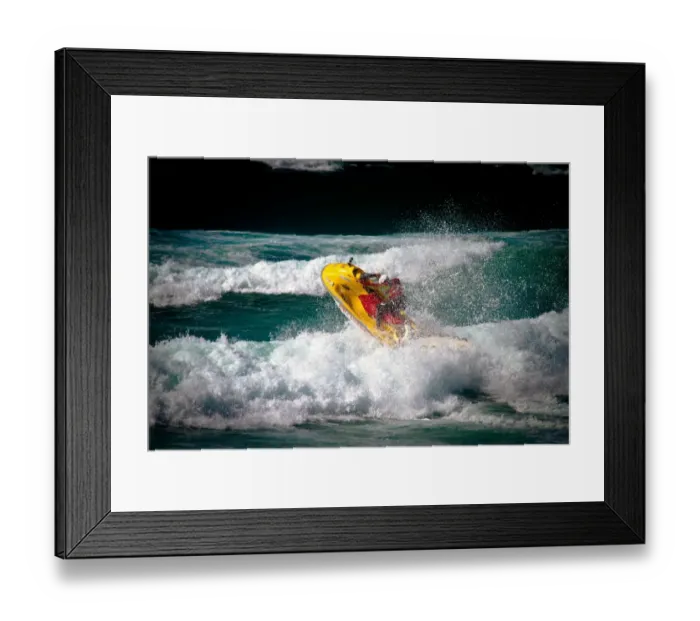 Framed Print : Lifeguard on a rescue watercraft (RWC) in the surf at Perranporth beach, Cornwall Framed Print : Lifeguard on a rescue watercraft (RWC) in the surf at Perranporth beach, Cornwall
