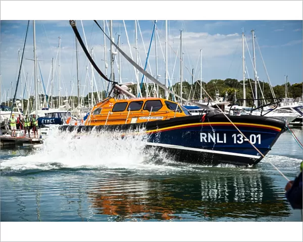 Self-right test of the Shannon class lifeboat Jock and Annie Slater 13-01 at Berthons boatyard in Lymington