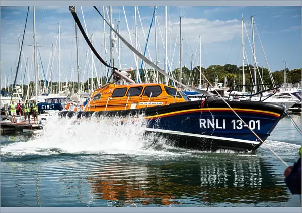 Self-right test of the Shannon class lifeboat Jock and Annie Slater 13-01 at Berthons boatyard in Lymington