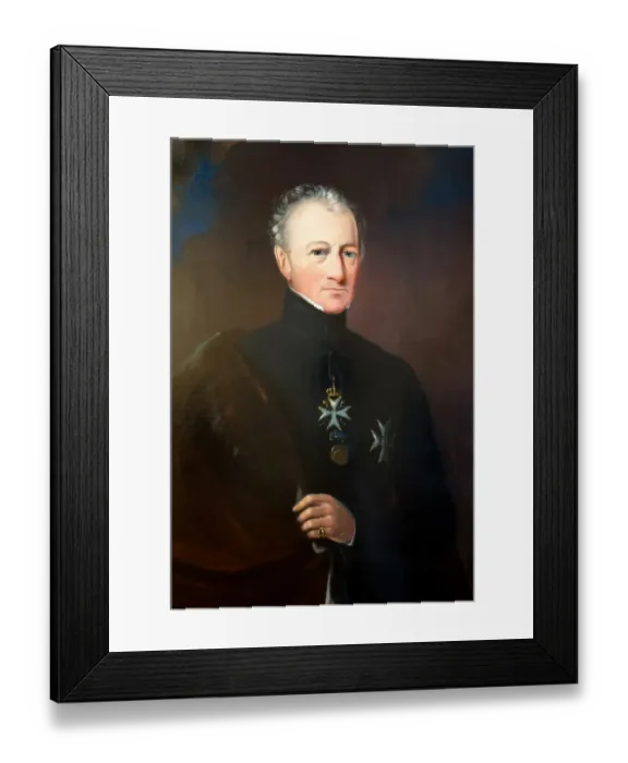 Framed Print : Oil on canvas, half length portrait. Shown wearing the robes and cross of a Kinght of the Order of St John of Jerusalem, commonly known as a Knight of Malta. Artist unknown, English School, mid 19th Century Framed Print : Oil on canvas, half length portrait. Shown wearing the robes and cross of a Kinght of the Order of St John of Jerusalem, commonly known as a Knight of Malta. Artist unknown, English School, mid 19th Century