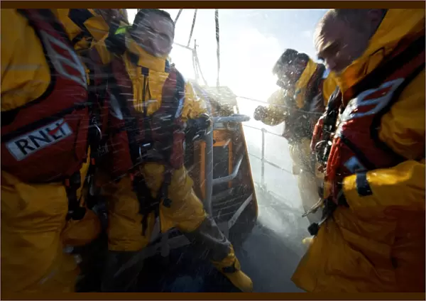 Crew onboard the Moelfre Tyne class lifeboat Robert and Voilet. Featured in Nigel Millards book The Lifeboat: Courage on our Coasts