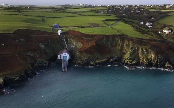 Aerial view of new Lizard lifeboat station taken from RNAS Culdrose helicopter