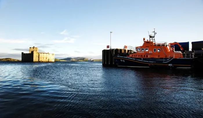Framed Print : Barra Island severn class lifeboat Edna Windsor 17-12 moored in Castle Bay Framed Print : Barra Island severn class lifeboat Edna Windsor 17-12 moored in Castle Bay