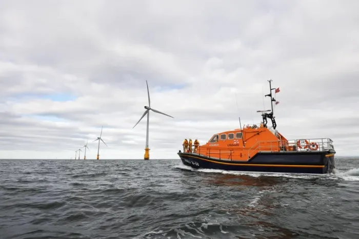 Framed Print : Barrow Tamar class lifeboat Grace Dixon 16-08 at sea, wind farm in teh distance. Shot for Dong Energy partnership press release Framed Print : Barrow Tamar class lifeboat Grace Dixon 16-08 at sea, wind farm in teh distance. Shot for Dong Energy partnership press release