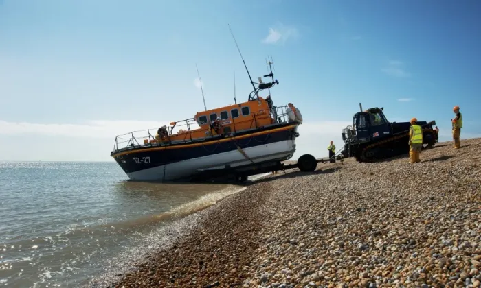 Framed Print : Dungeness mersey class lifeboat Pride and Spirit being launched Framed Print : Dungeness mersey class lifeboat Pride and Spirit being launched