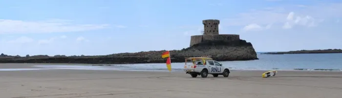 Framed Print : Lifeguards monitoring the sea at a beach in Jersey from within a lifeguard patrol vehicle. Panoramic shot Framed Print : Lifeguards monitoring the sea at a beach in Jersey from within a lifeguard patrol vehicle. Panoramic shot