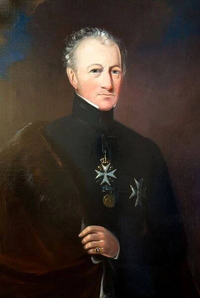 Oil on canvas, half length portrait. Shown wearing the robes and cross of a Kinght of the Order of St John of Jerusalem, commonly known as a Knight of Malta. Artist unknown, English School, mid 19th Century