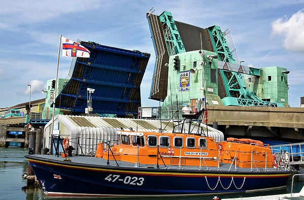 Poole Tyne City of Sheffield class lifeboat in front of Poole li