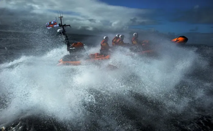Framed Print : Red Bay Altantic 85 inshore lifeboat Geoffrey Charles B-843. Lifeboat moving from left to right at speed, four crew on board, lots of white spray Framed Print : Red Bay Altantic 85 inshore lifeboat Geoffrey Charles B-843. Lifeboat moving from left to right at speed, four crew on board, lots of white spray