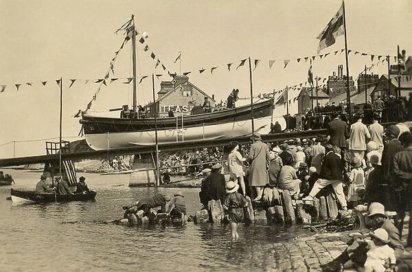 Swanage motor lifeboat Thomas Markby being launched down the slipway