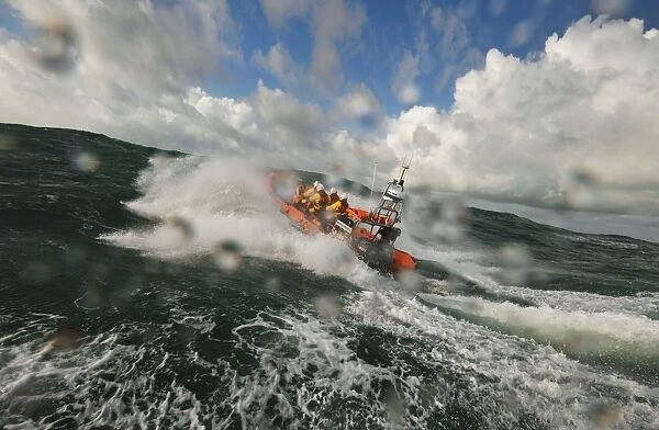 Trearddur Bay Atlantic 85 Hereford Endeavour B-847 during a training exercise in rough weather. Large waves and lots of spray