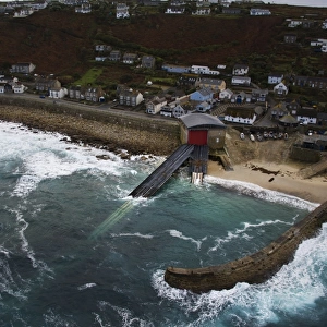Aerial view of Sennen Cove lifeboat station taken from RNAS Culdrose helicopter
