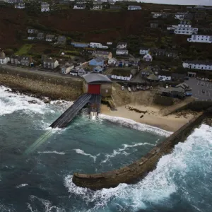 Aerial view of Sennen Cove lifeboat station taken from RNAS Culdrose helicopter